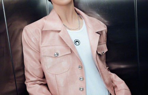 刘宪华穿粉色皮质夹克亮相，搭配金属感配饰