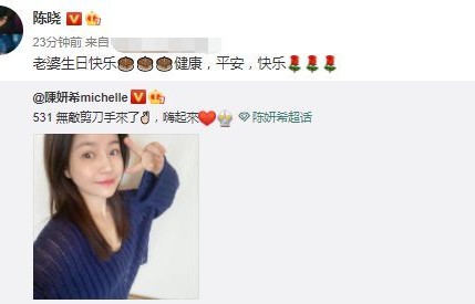 陈妍希生日晒素颜自拍 陈晓转发向老婆示爱